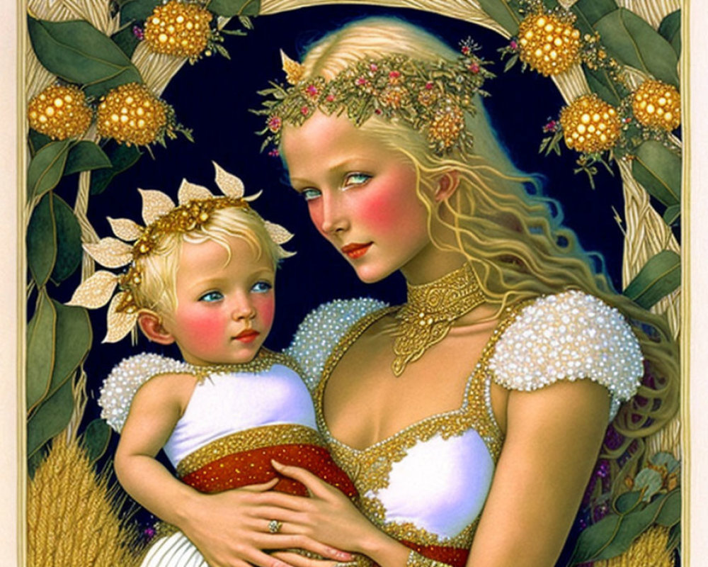 Golden-haired woman in white dress with rose crown holding child in sunflower headpiece among grains and leaves