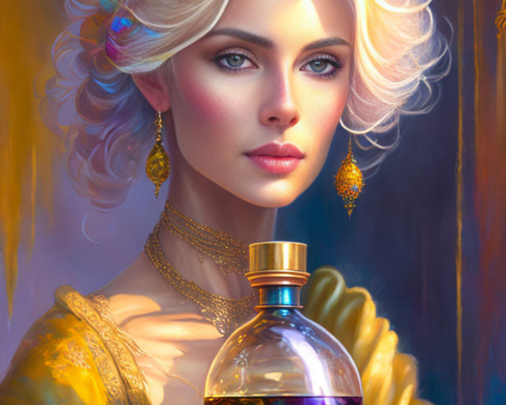Blonde Woman with Blue Eyes Holding Glass Bottle in Golden Attire