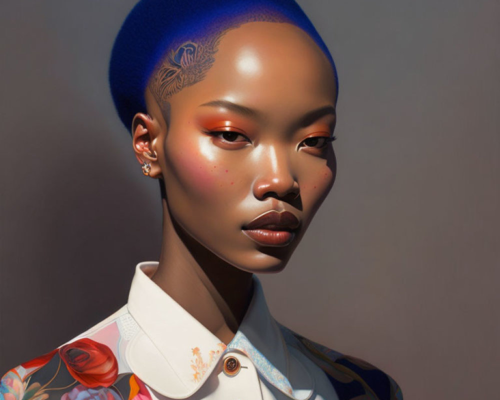 Digital portrait of woman with blue beret, tattooed shaved head, floral jacket, and bold makeup