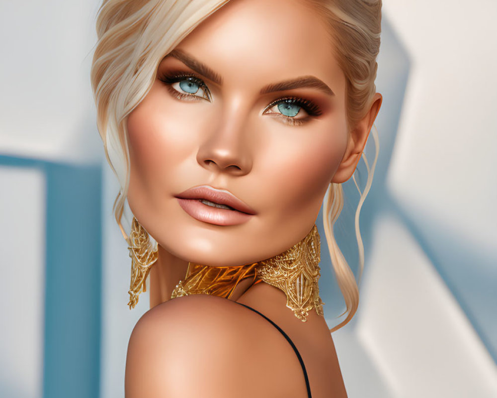Digital portrait of woman with platinum blonde hair, turquoise eyes, and gold jewelry