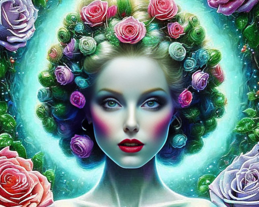 Colorful surreal portrait of woman with roses in hair and fantasy makeup.