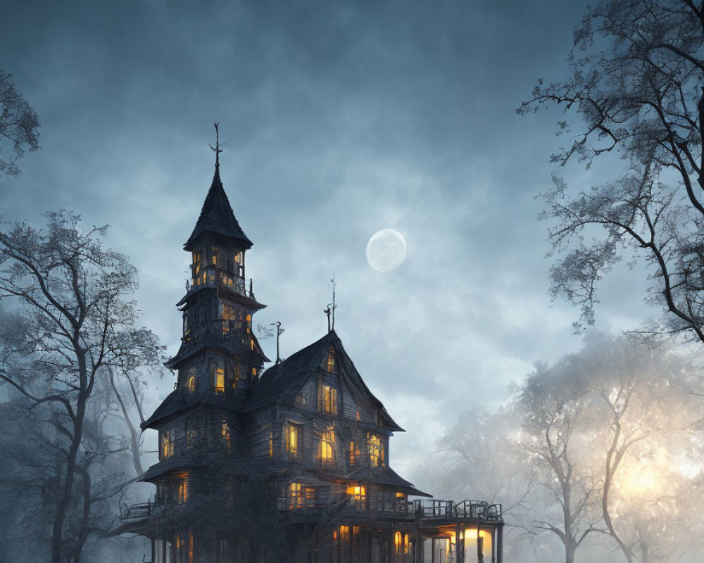 Mysterious Old Wooden House in Foggy Forest Night Sky