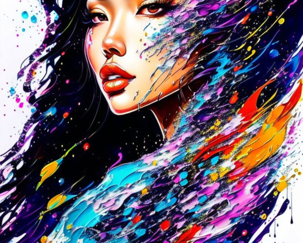 Colorful Abstract Portrait of Woman with Flowing Hair