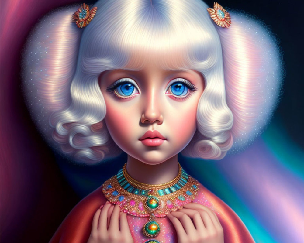 Portrait of a girl with large blue eyes and ornate jewelry