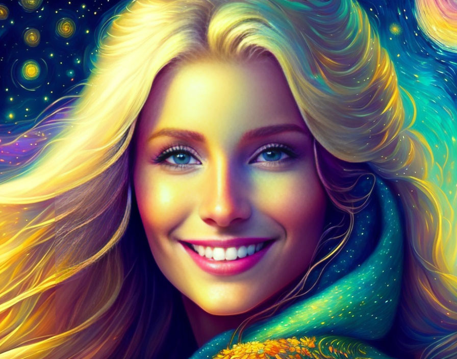 Colorful digital illustration of smiling woman with cosmic hair and starry backdrop