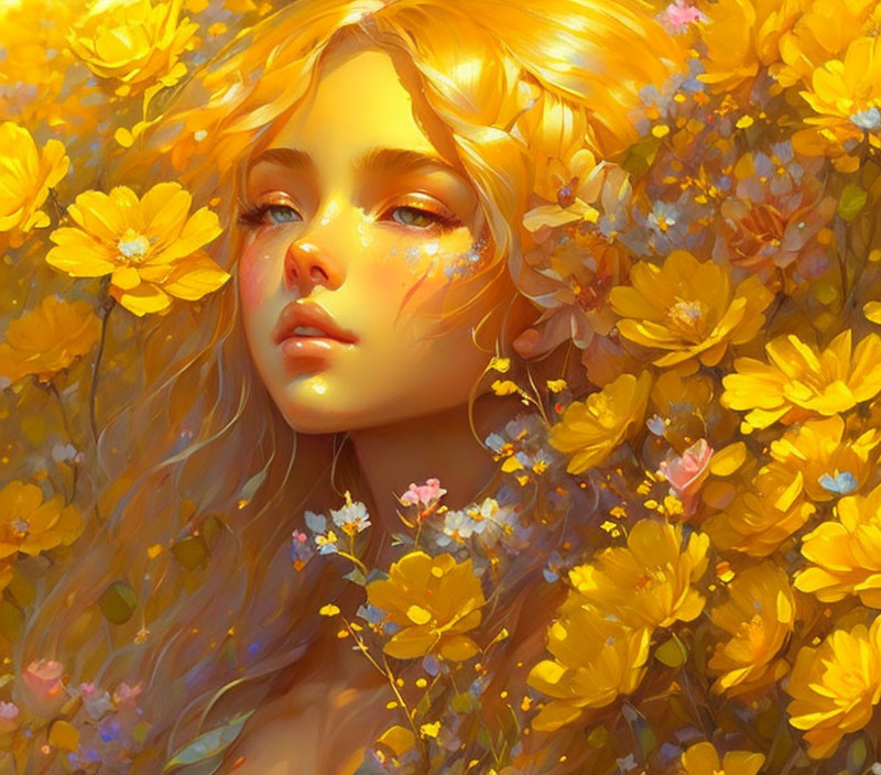 Digital artwork: Woman with golden hair surrounded by vibrant yellow flowers