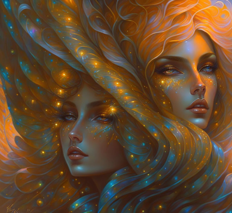 Ethereal women with golden hair in digital art