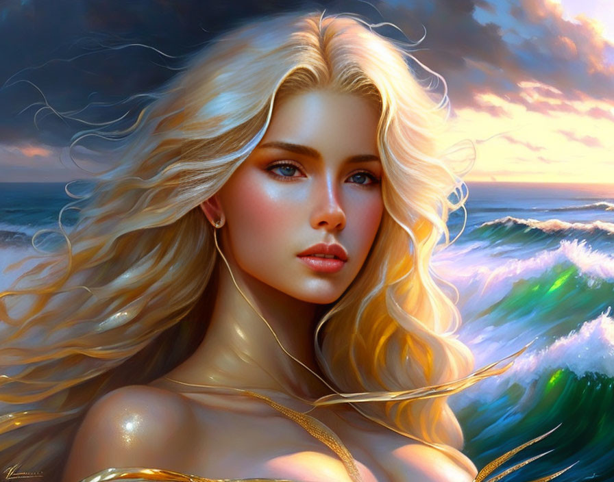 Fantasy digital artwork: Blonde woman with blue eyes by sunlit waves