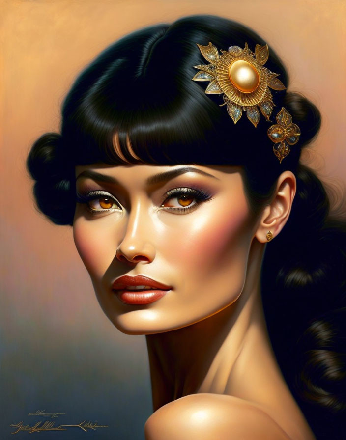 Illustrated portrait of woman with golden hair accessory and retro hairstyle