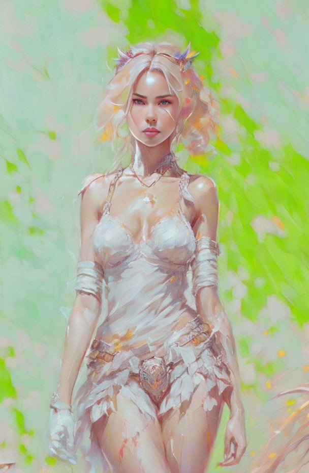 Fantasy-themed digital painting of an elfin woman in white attire on a soft green backdrop