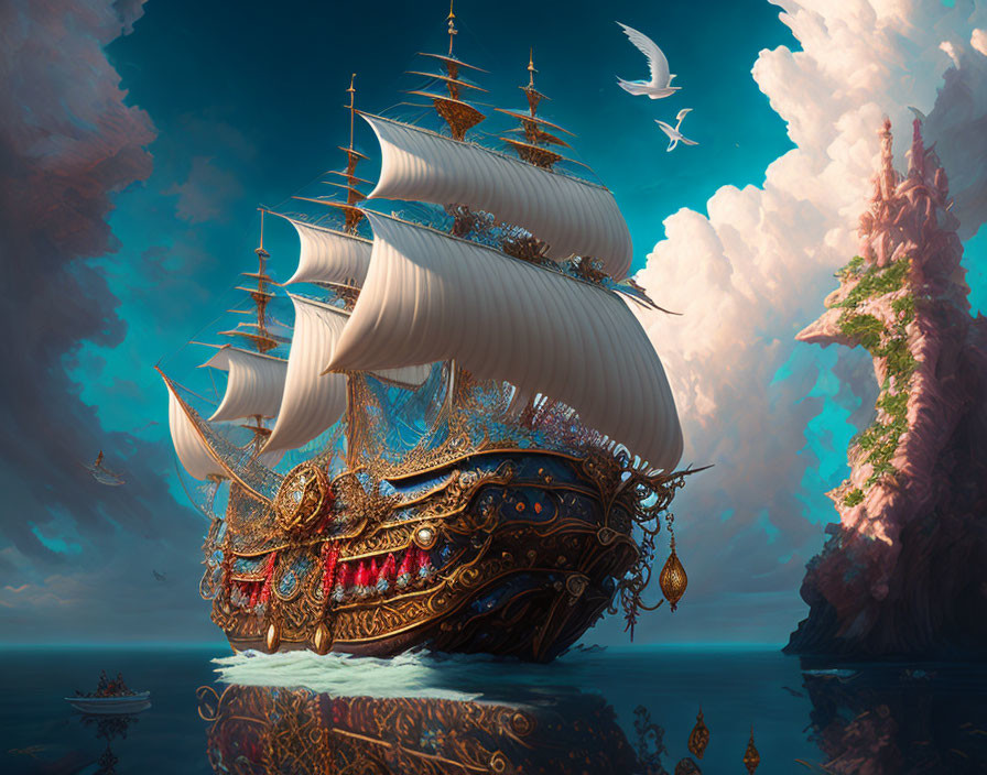 Elaborate fantasy ship on serene waters with golden details and dramatic sky