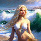 Blonde mermaid digital art on beach with vivid waves