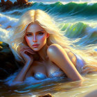Blonde woman with blue eyes by the sea portrait