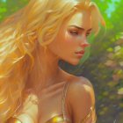 Fantasy woman portrait with golden hair, flowers, glowing skin, and bird on rose in soft background