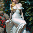 Illustration of woman in white and blue gown with golden hair among vibrant flowers