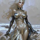 Fantasy illustration of woman in ornate metallic armor on stormy beach