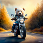 Adorable bear cub on vintage motorcycle in autumn scenery