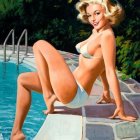 Blonde woman in green bikini by lush poolside scenery