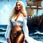 Blond woman in white pirate outfit by the sea with tall ship