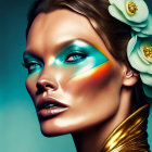 Vibrant blue and orange eye makeup with pale flowers and glossy lips on teal backdrop