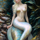 Mythical blonde woman by rocky stream with waterfall in serene illustration