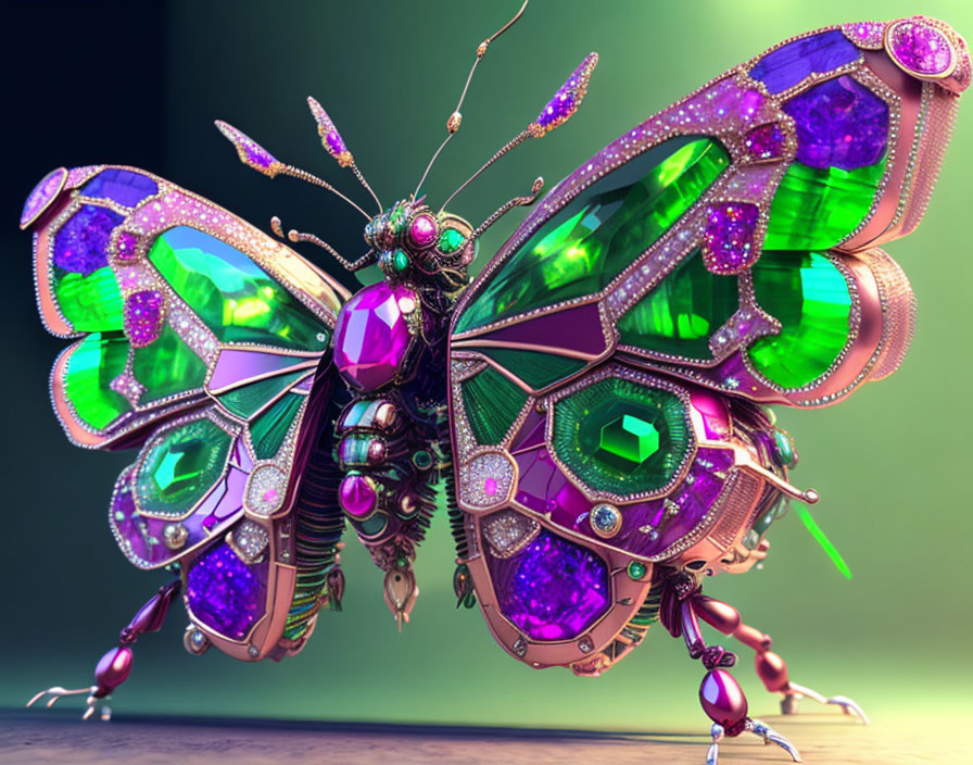 Colorful gemstone-encrusted mechanical butterfly with green and purple jewels