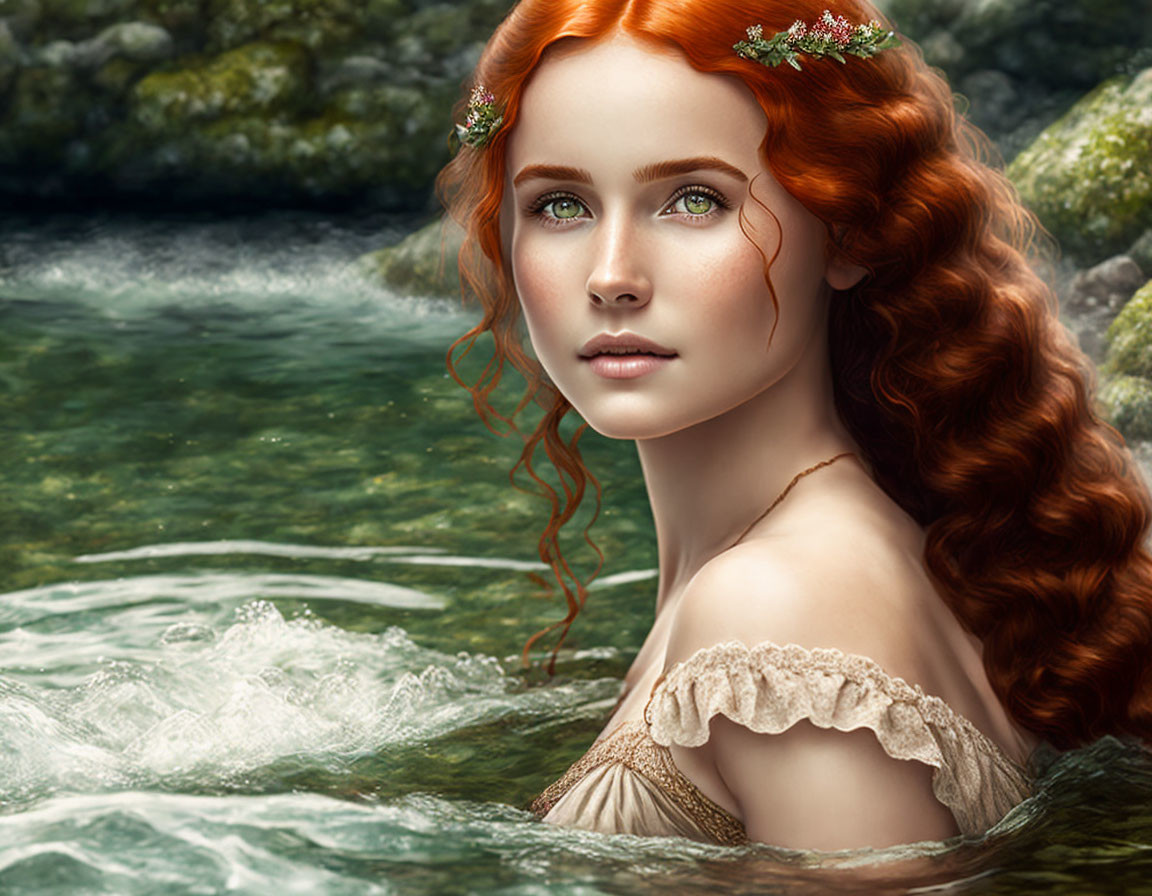Digital Portrait: Woman with Red Hair and Green Eyes in Water Setting