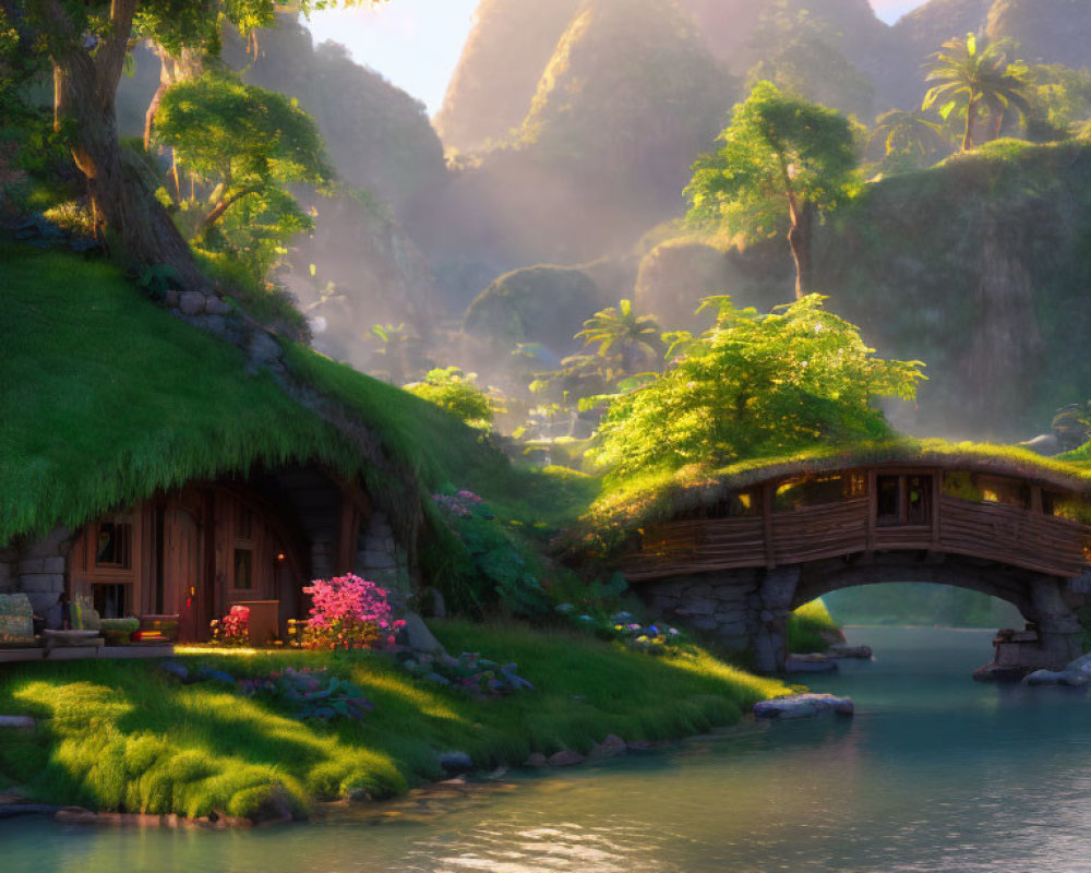 Tranquil fantasy island with hut, wooden bridge, and misty mountains at sunrise