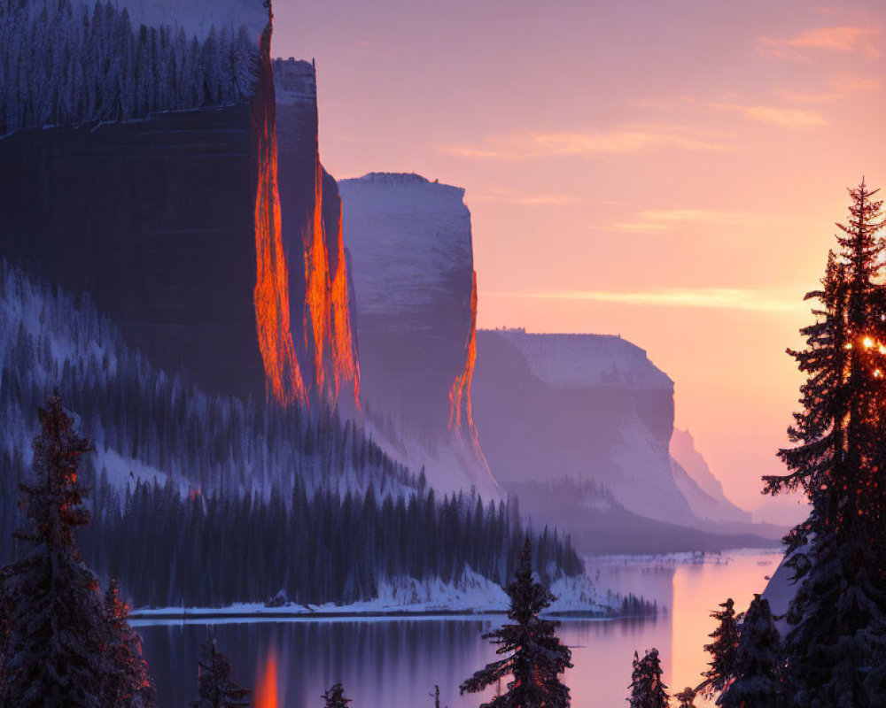 Tranquil sunset over snow-covered cliffs and river