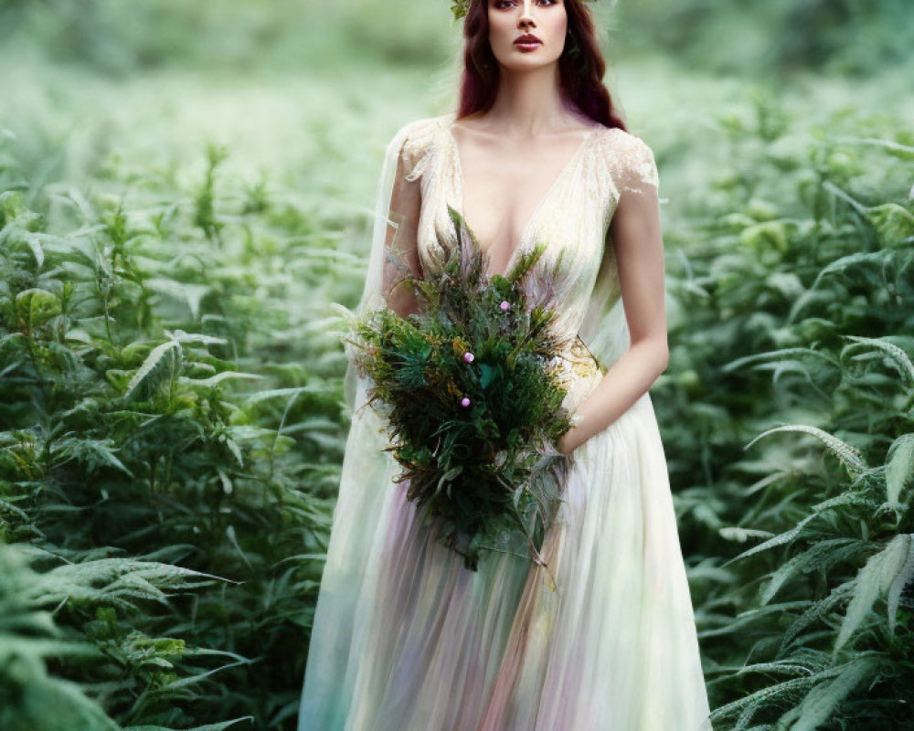 Woman in Multicolored Gown with Floral Crown Standing Among Ferns