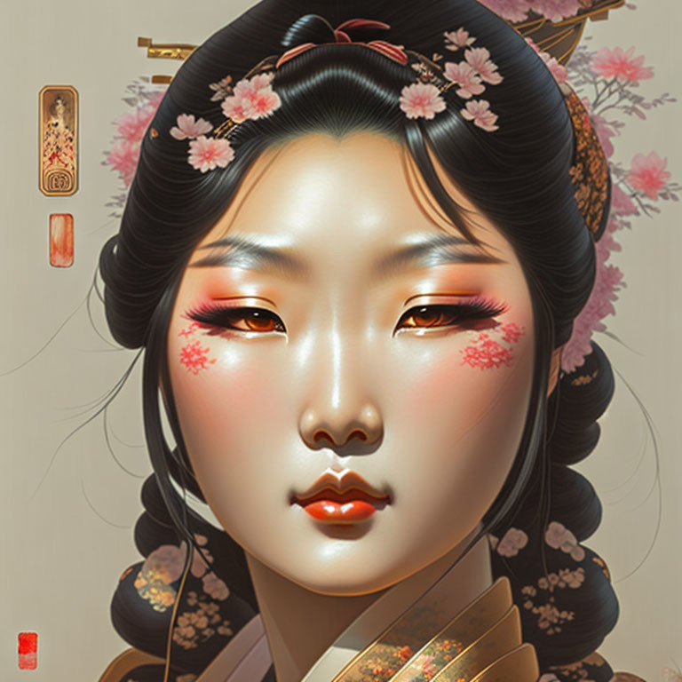 Illustrated portrait of a woman with Asian features and cherry blossom motifs in warm tones