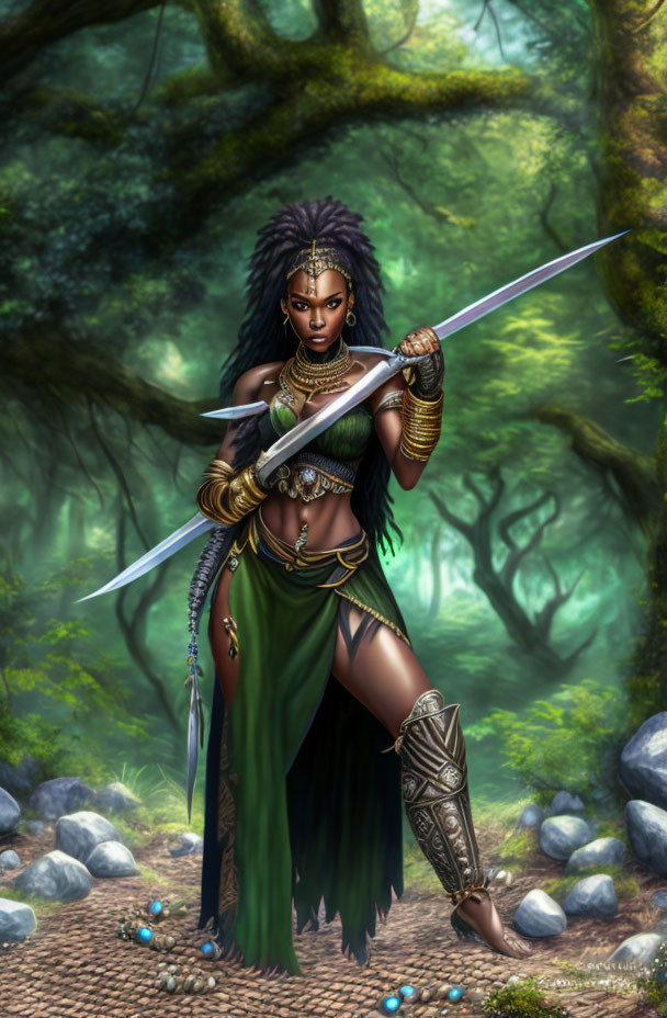 Warrior woman in misty forest with sword and armor
