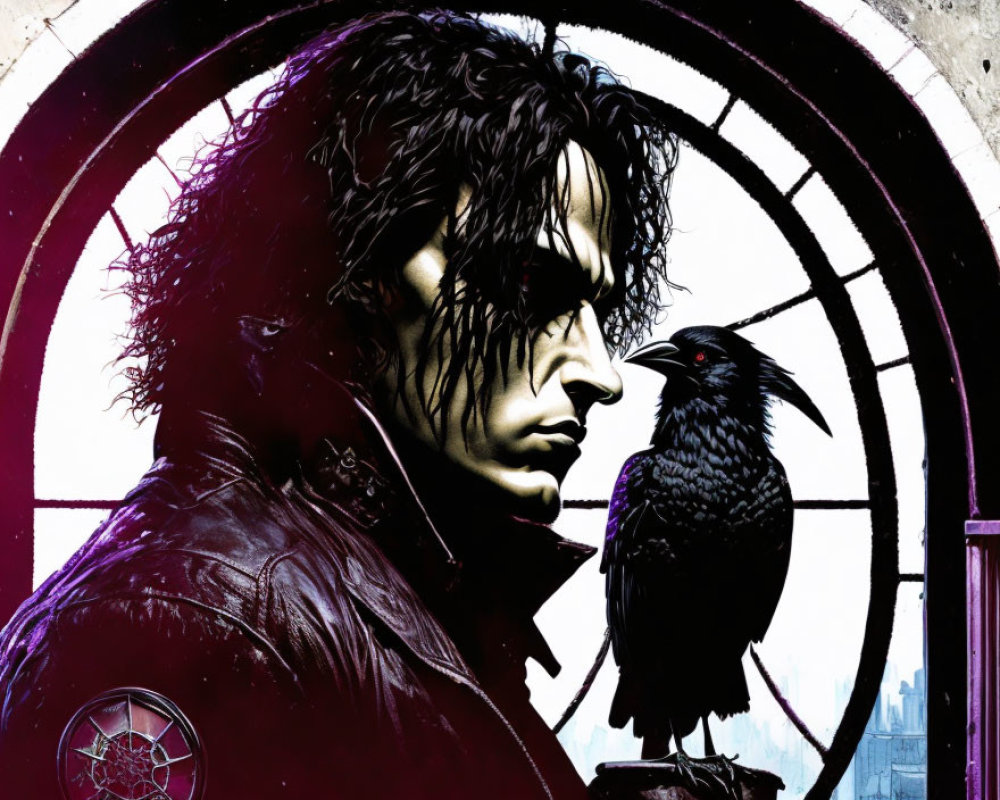 Gothic-style illustration of somber man with crow in stained-glass setting