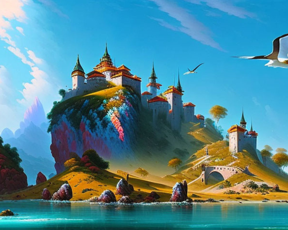 Colorful Castles and Sailing Ship in Vibrant Seascape