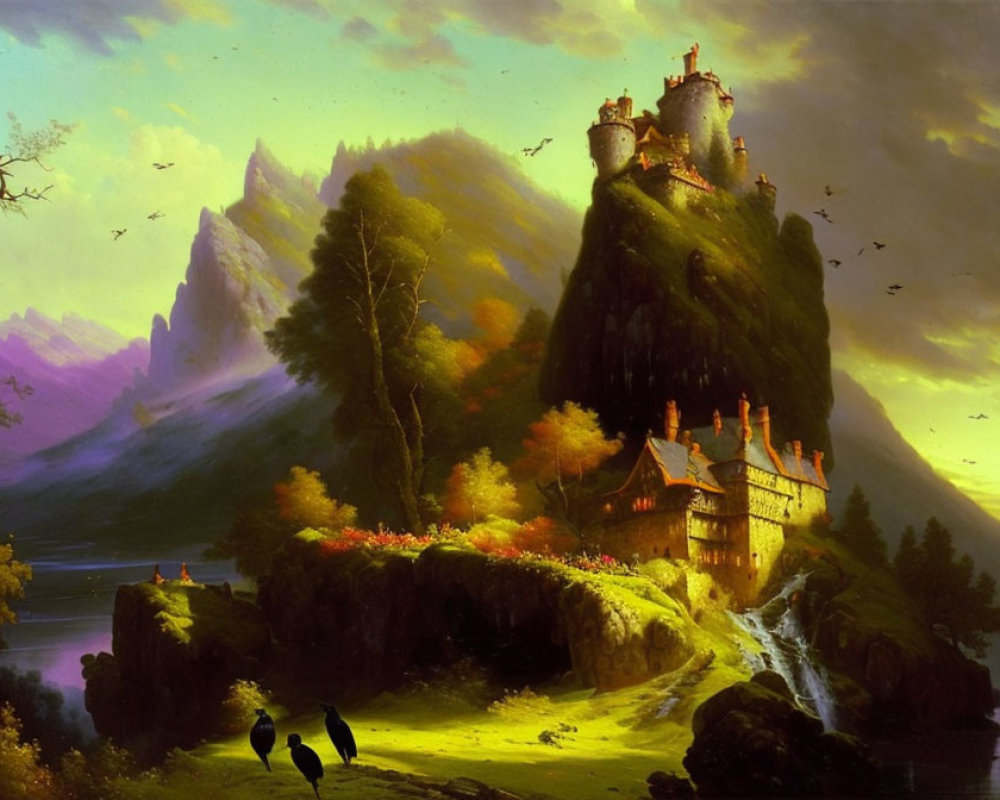 Fantastical landscape with castle, waterfalls, foliage, and birds under golden sky