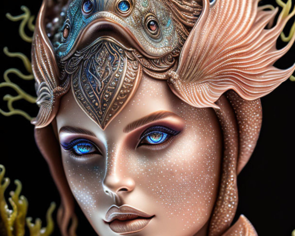 Fantastical Female Figure with Ornate Sea-Themed Headdress and Blue Eyes