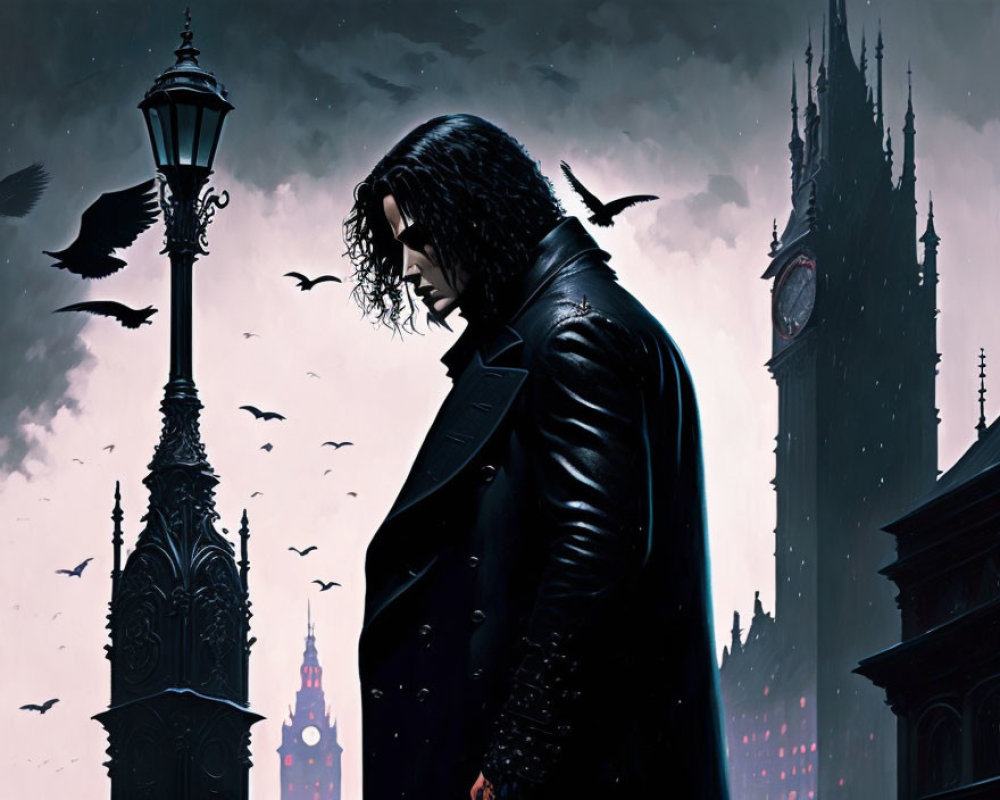 Long-haired figure in front of gothic cityscape with crows, lamppost, and clock