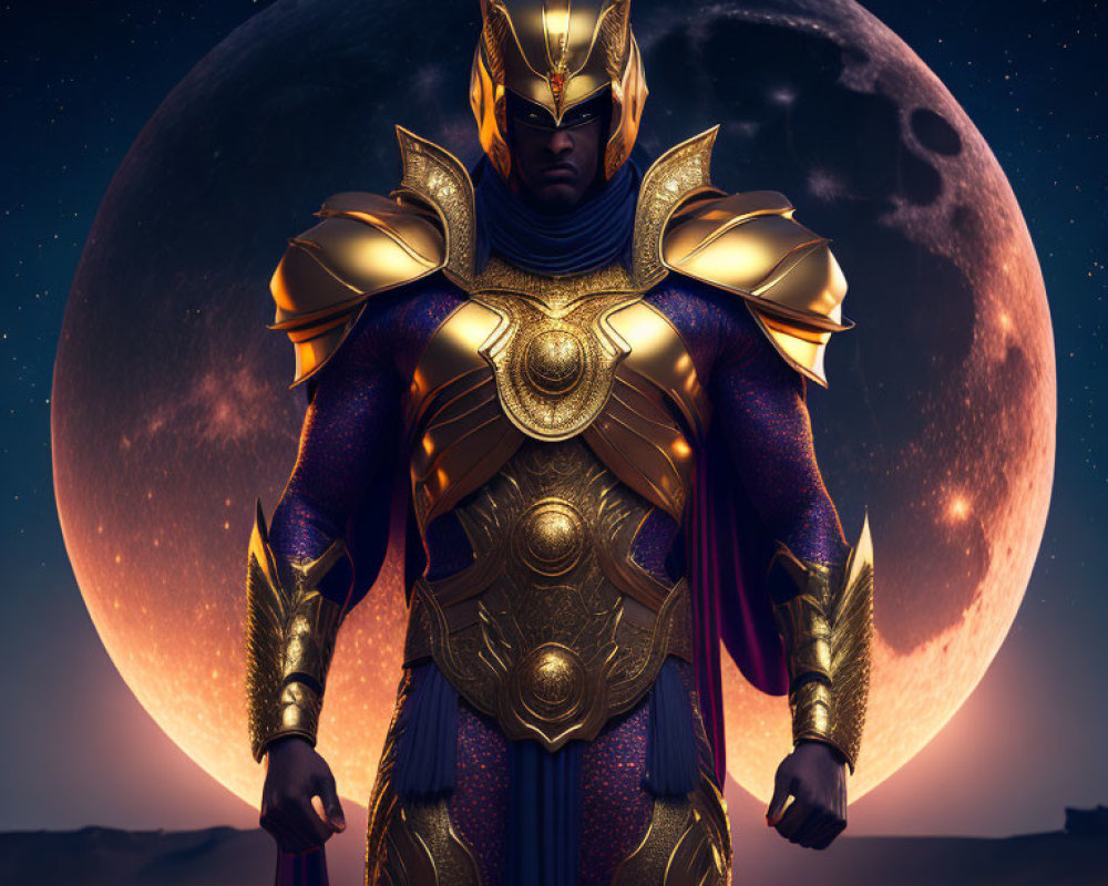 Elaborate Golden Armor Figure Under Night Sky with Moon