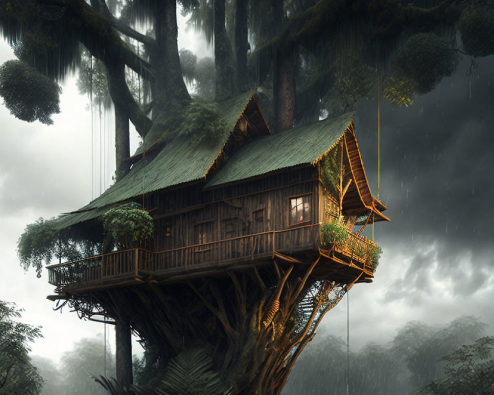 Mystical treehouse in lush, foggy forest.