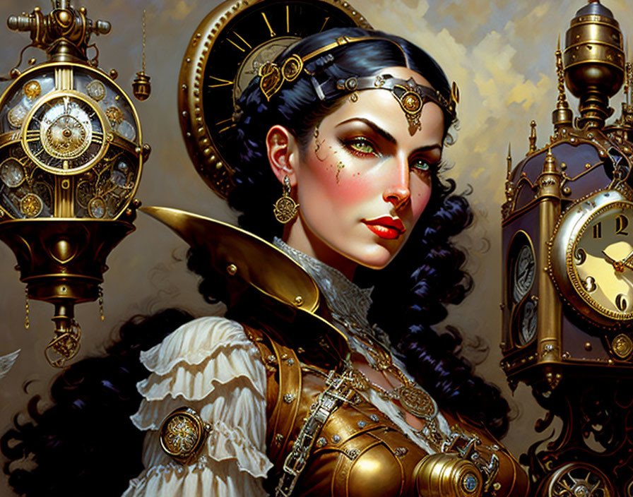 Steampunk-themed woman with clockwork elements and brass outfit in gear-filled scene.