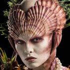 Fantastical Female Figure with Ornate Sea-Themed Headdress and Blue Eyes