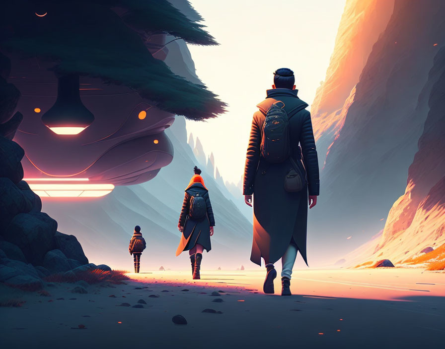 Three figures approach glowing UFOs in surreal landscape with rock formations