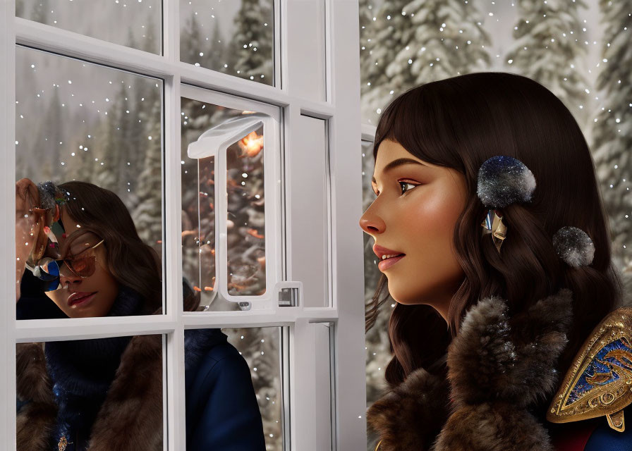 Woman in festive attire looking out snowy window in contemplation.