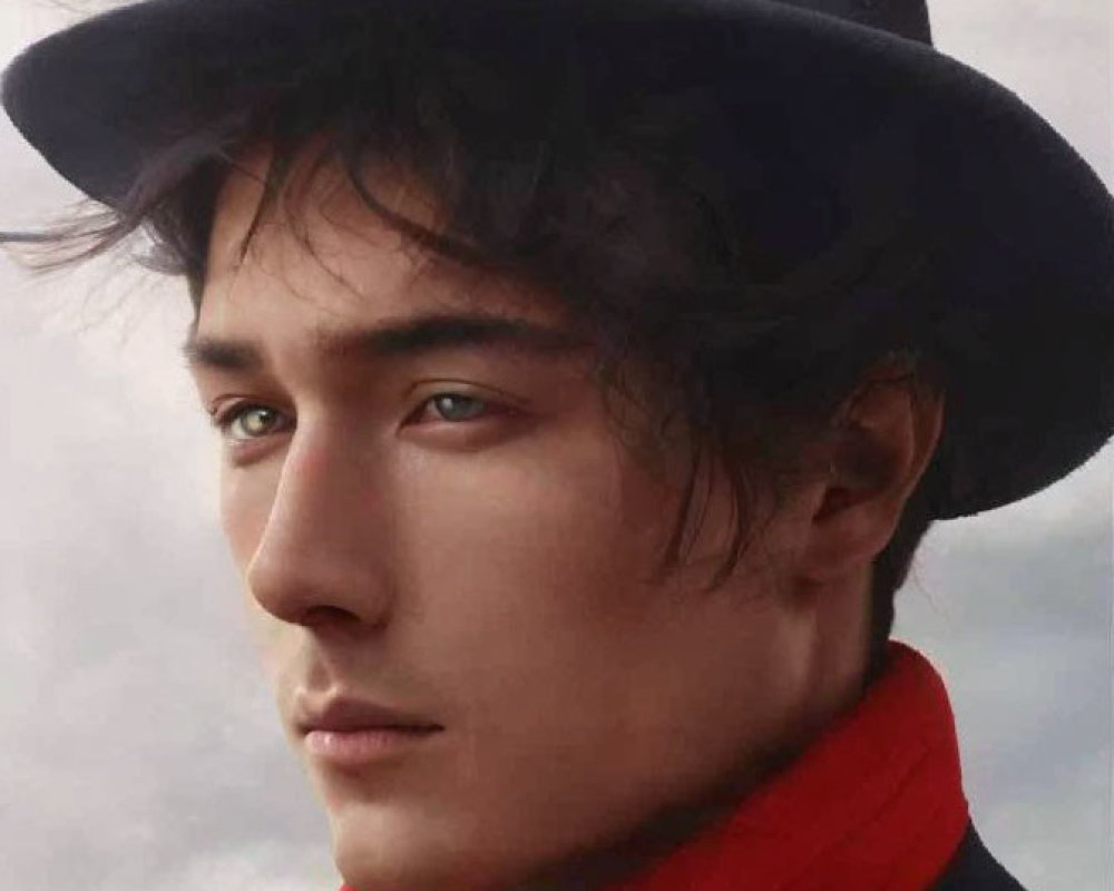 Fair-skinned person in black hat and red turtleneck gazes sideways under cloudy sky.