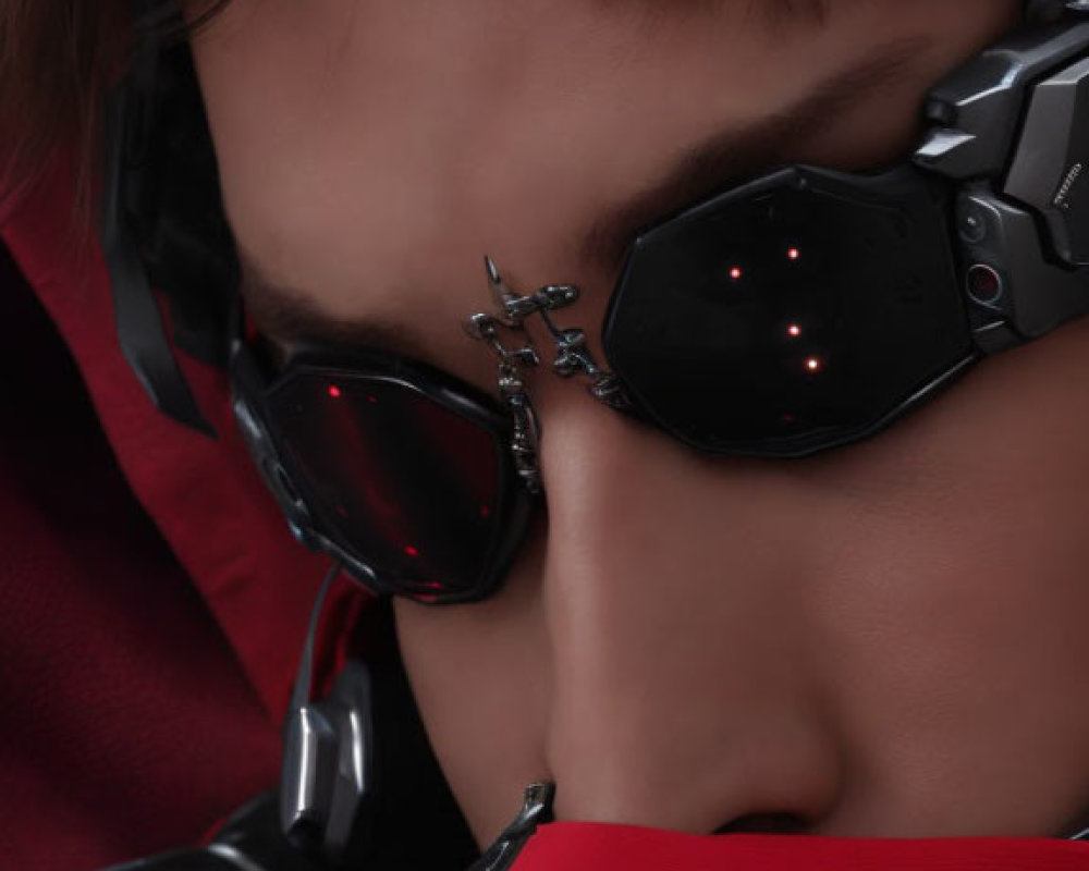 Person in futuristic armor with sunglasses and red cape, in close-up.