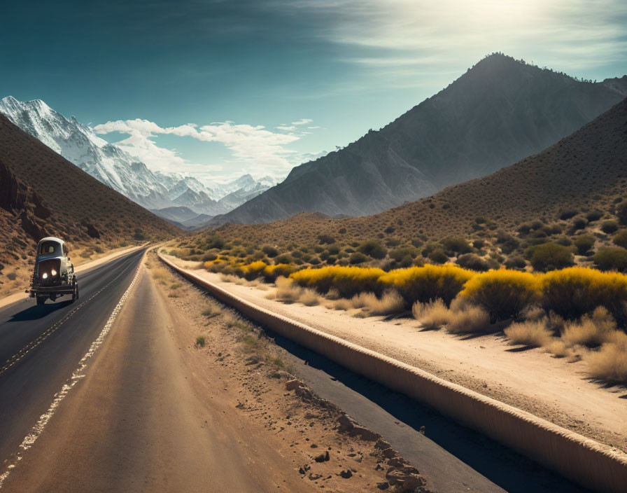 Vehicle on desert road with mountains, yellow wildflowers, and cloudy sky