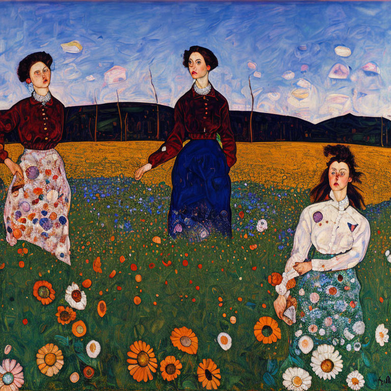 Ornately dressed women in colorful meadow under blue sky