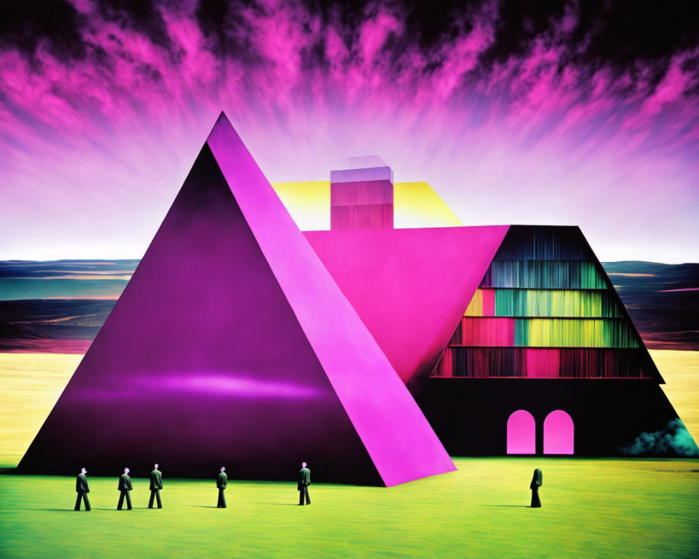 Colorful Pyramid Structure in Surreal Landscape with Silhouetted Figures