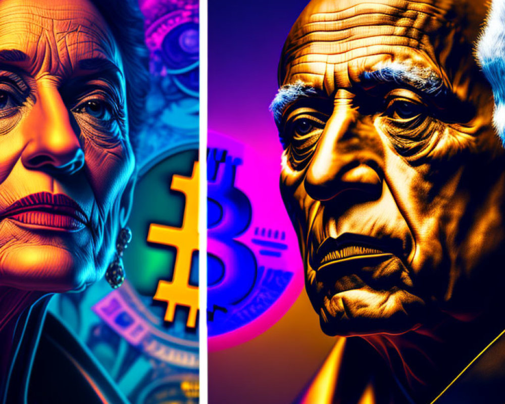 Split Image: Elderly Woman and Man with Bitcoin Symbol