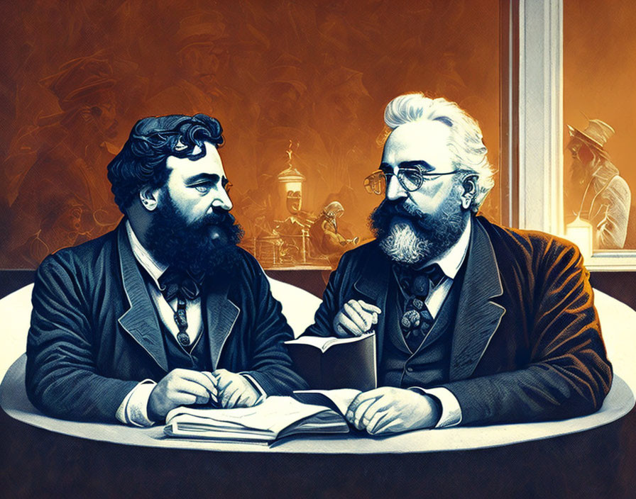 Two bearded men with a book in a blue and orange historical illustration